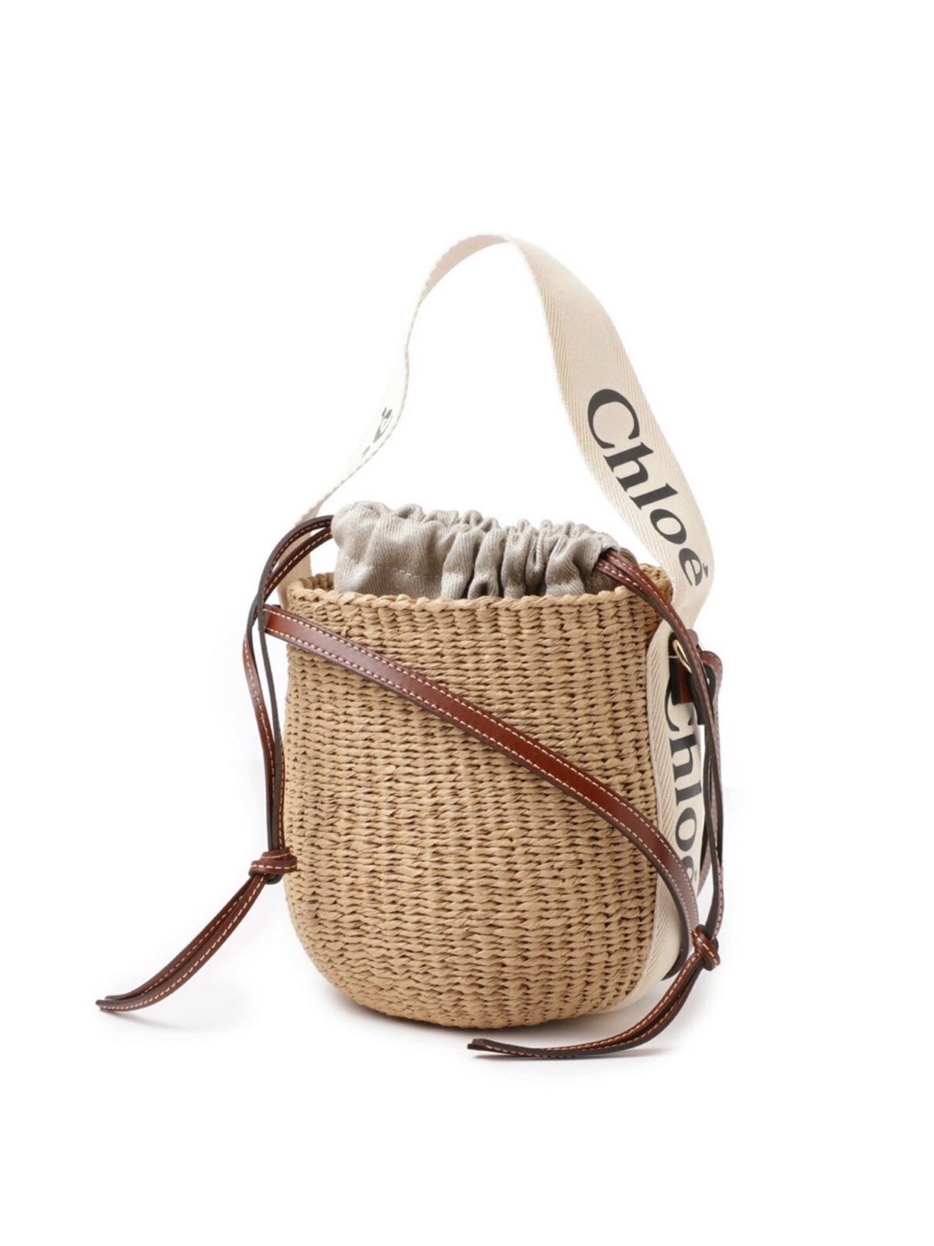 Chlo Tan Woven Bucket Crossbody With Logo Canvas Strap